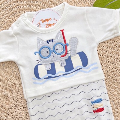 Kit 3 Peças - Bodys Manga Curta Gatinho com Peixinhos - Off White e Marinho